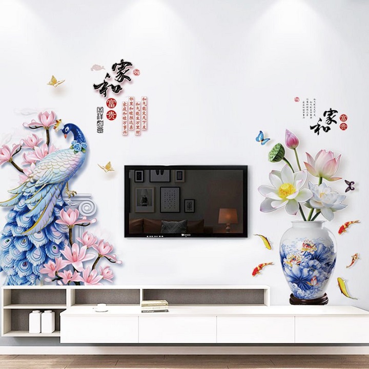 Decal dán tường tết chim công và bình hoa sen xanh 2