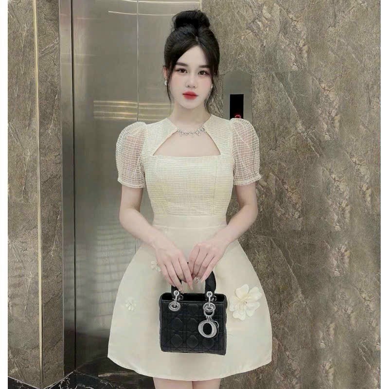 Đầm tapta phối tay lưới tùng xòe bo eo kết cướm đá đính bông , đầm xòe phối lưới vân kiểu tay phồng đính hoa kiểu