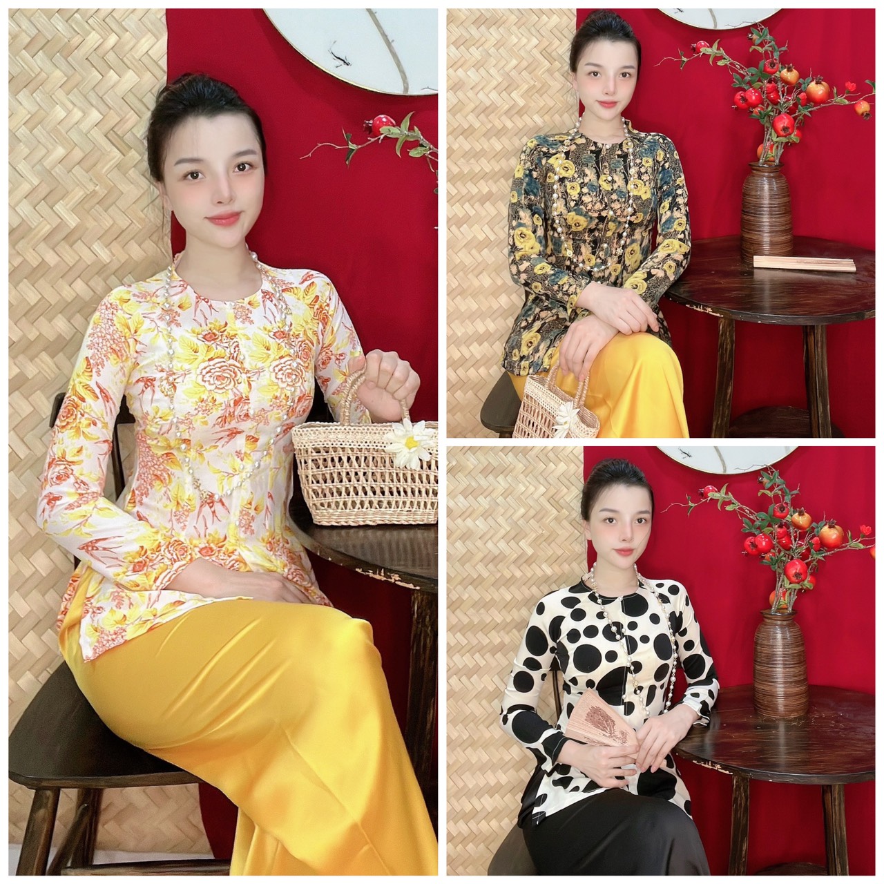 BỘ BÀ BA VẢI LỤA HỌA TIẾT VÀ CHẤM BI MẪU 2