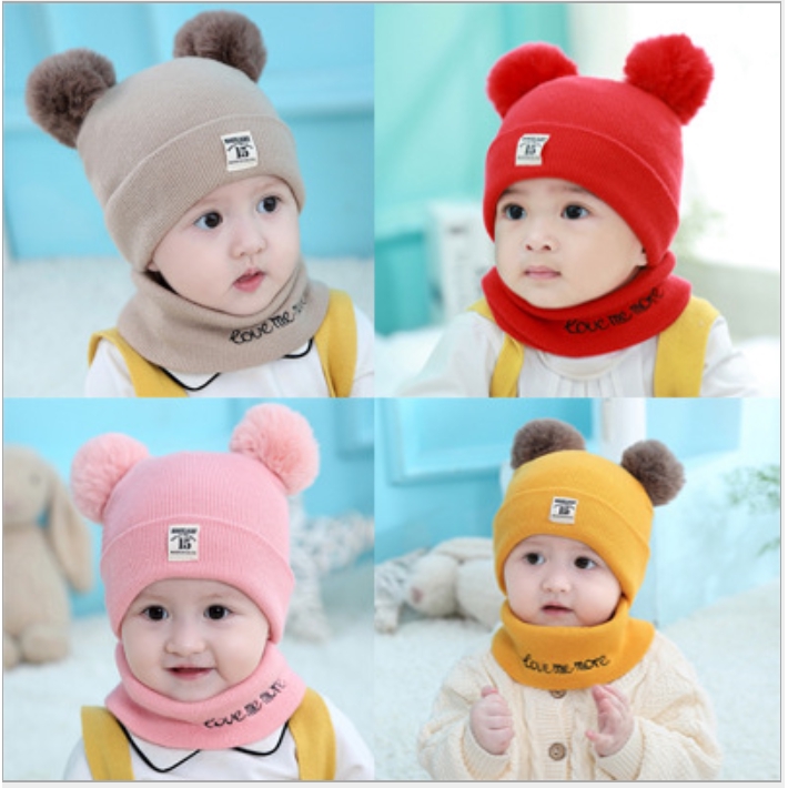 Set khăn + mũ len 2 quả bông hình đôi mắt cho bé