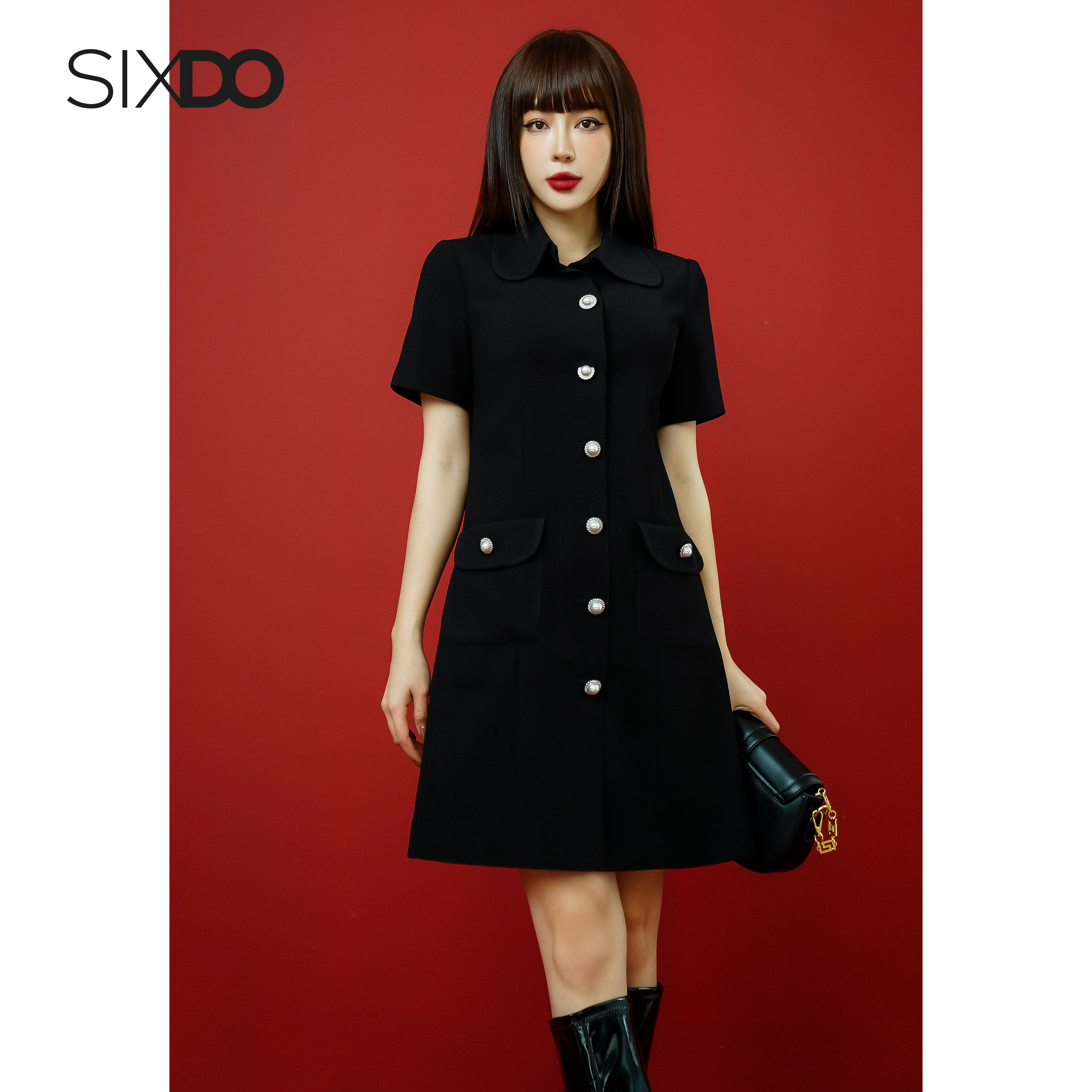 Đầm dệt thoi dáng suông SIXDO (Black Short Sleeves Mini Woven Dress)