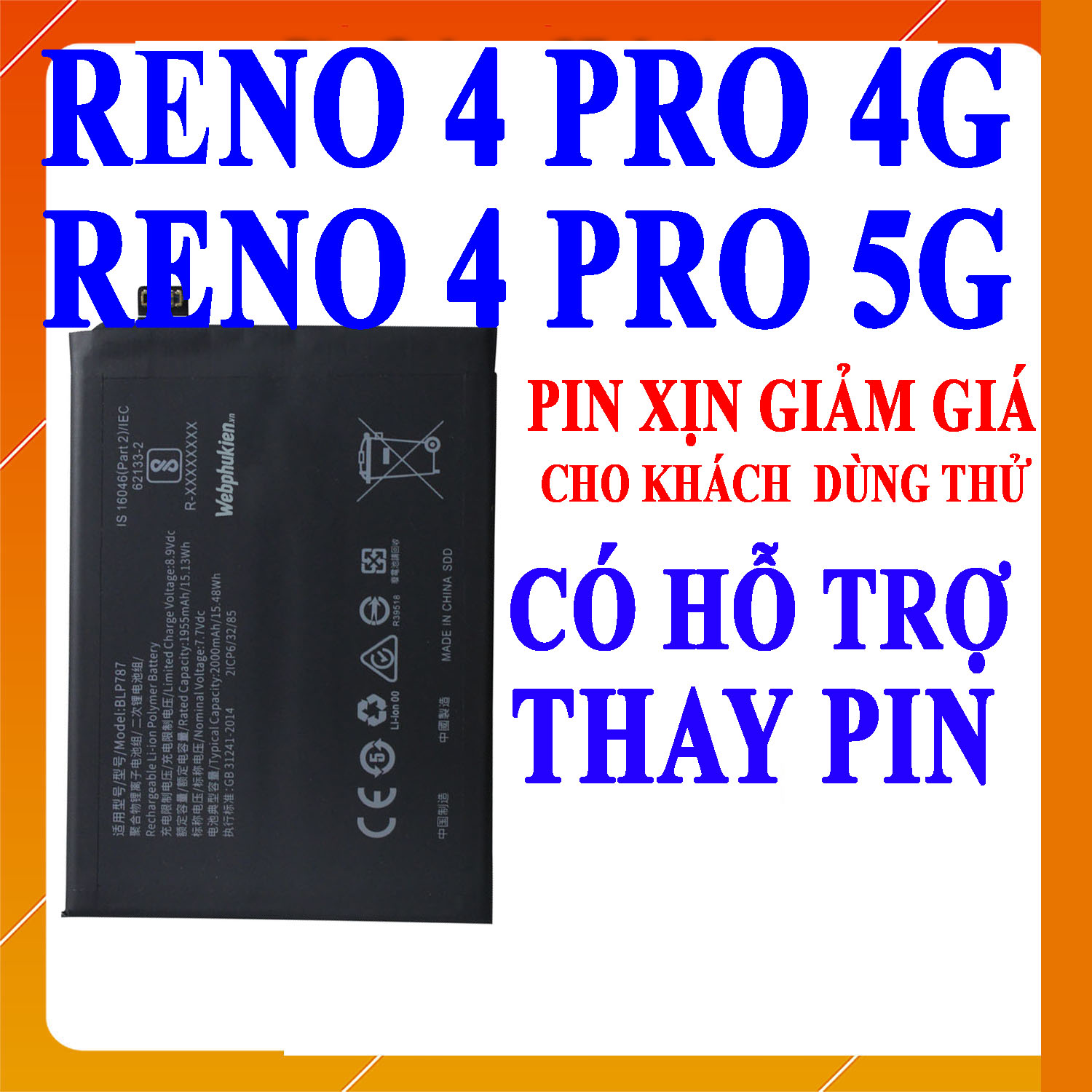 Pin scud cho oppo reno 4 pro 4g 5g/reno4 pro blp787 dung lượng 4000mah