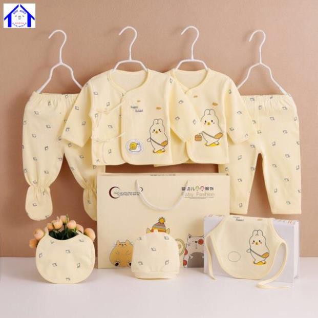 (Xả kho) Set quà tặng quần áo sơ sinh hoạ tiết hoạt hình có hộp đựng và túi xách sang chảnh gồm 2 bộ quần áo và khăn yếm mũ đi kèm cotton mát mịn