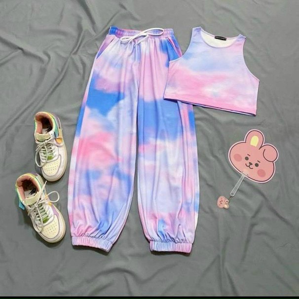 Sét đồ bộ quần jogger phối áo croptop 3 lỗ loang màu cầu vồng TTSLA0527