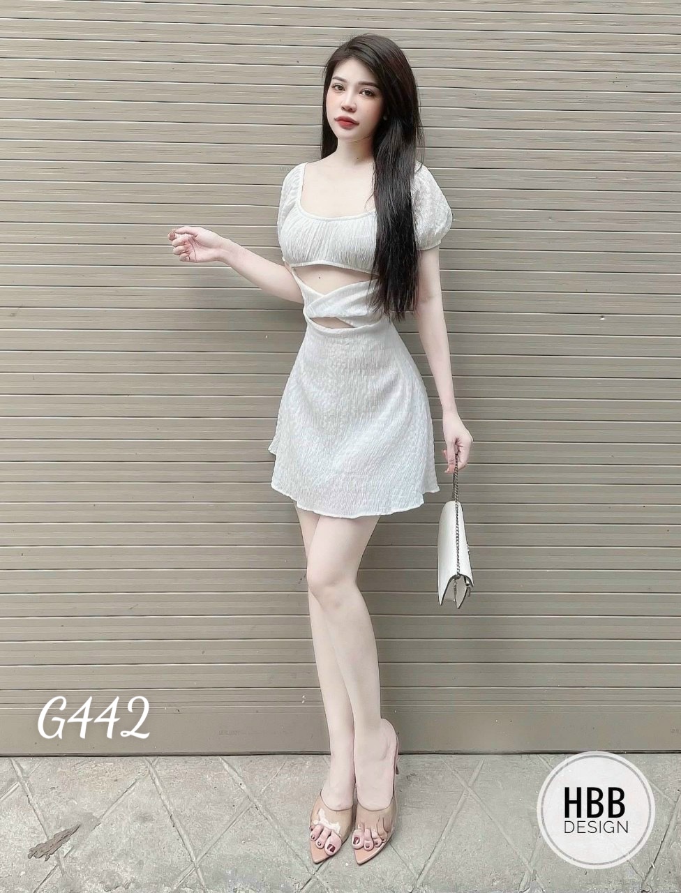 Đầm xoè nữ tay phồng đan dây eo trên gối dạo phố dự tiệc chất liệu voan lụa g442