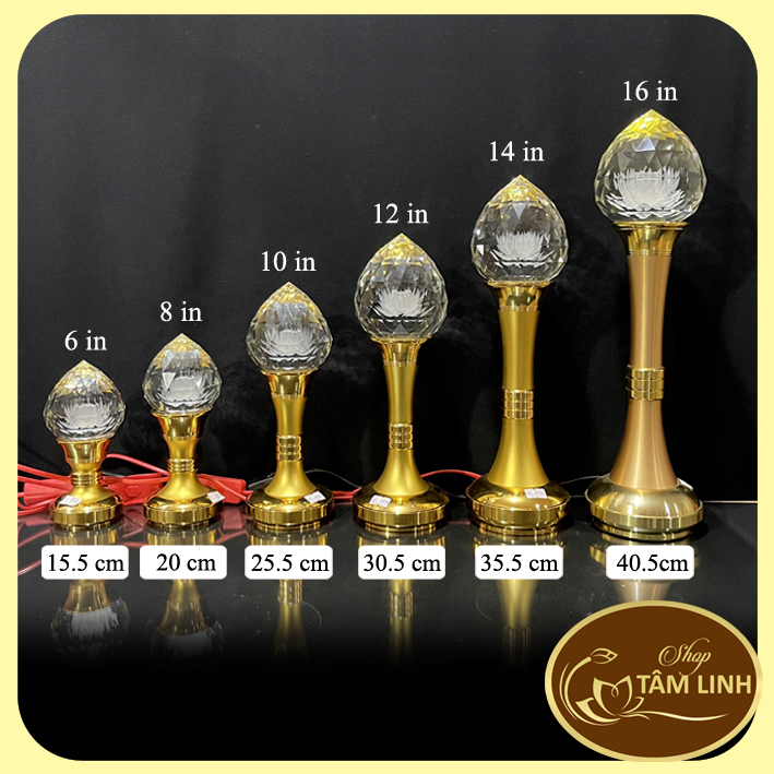 Cặp 2 đèn pha lê trái đào có hoa sen 3D thân hợp kim vàng - có nhiều chế độ đổi màu để bàn thờ. TamLinhNgocBao