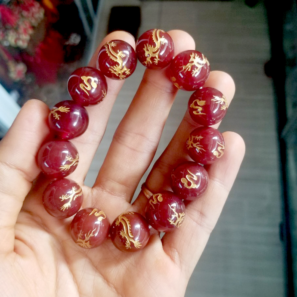Vòng tay chuỗi đá mã não đỏ khắc hình rồng vàng-nhiều cỡ ly