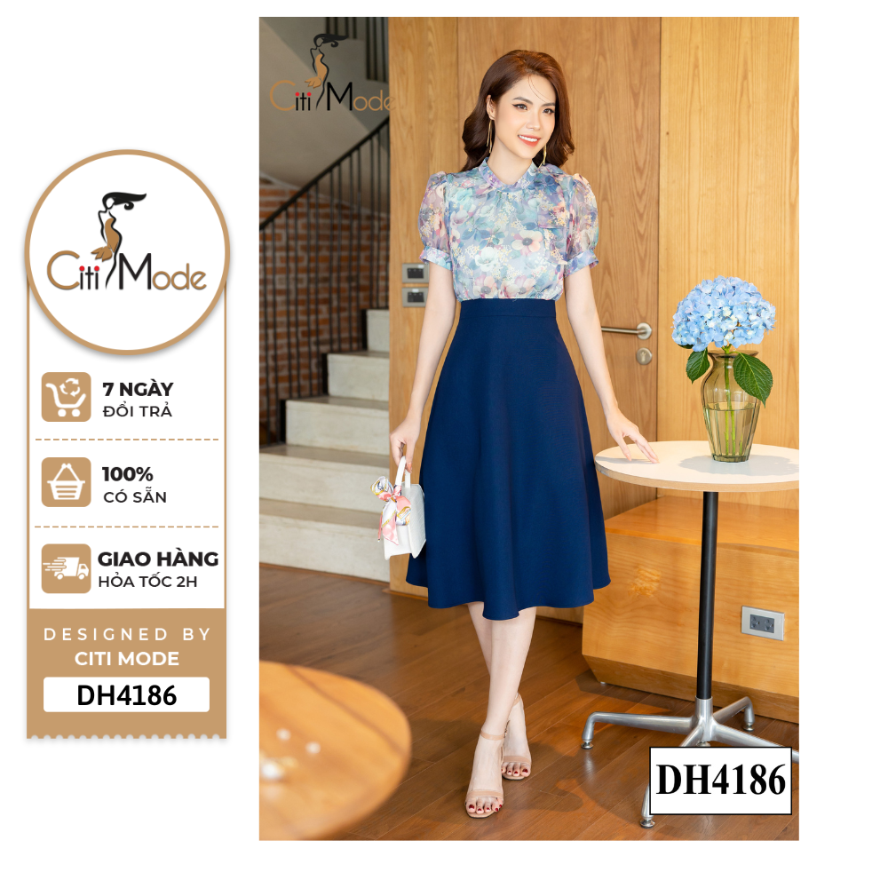 HOÀN TIỀN 15% - Đầm  công sở nữ thiết kế cao cấp CITI MODE dáng xòe hoa cổ nơ phối chân váy xanh tay ngắn DH4186