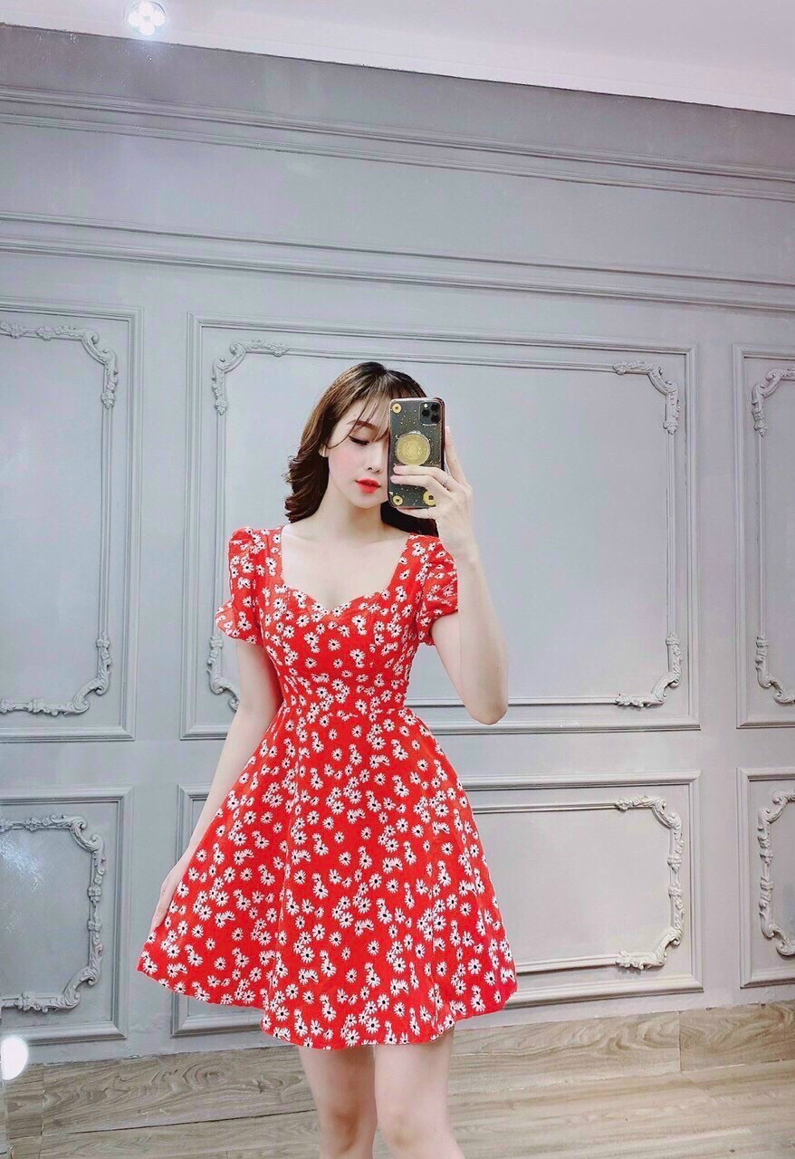 [HCM]Đầm hoa nhí dễ thương ba màu ( đỏ xanh và hồng )