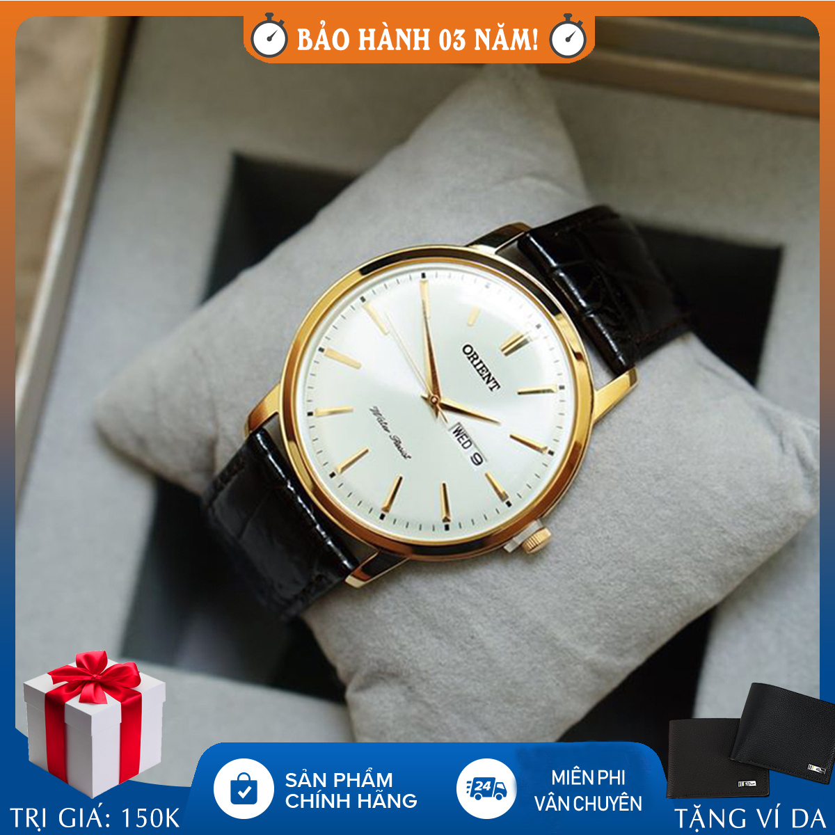 Đồng hồ nam dây da chính hãng Orient Bambino FUG1R001W6, full box, chống nước
