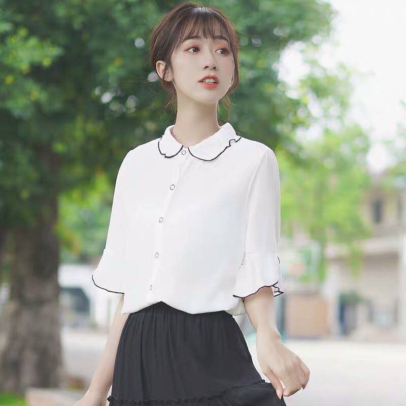 Áo Kiểu Sơ Mi Học Sinh Tay Ngắn Cổ Bèo Phối Viền Dấng Yêu TTSA0742