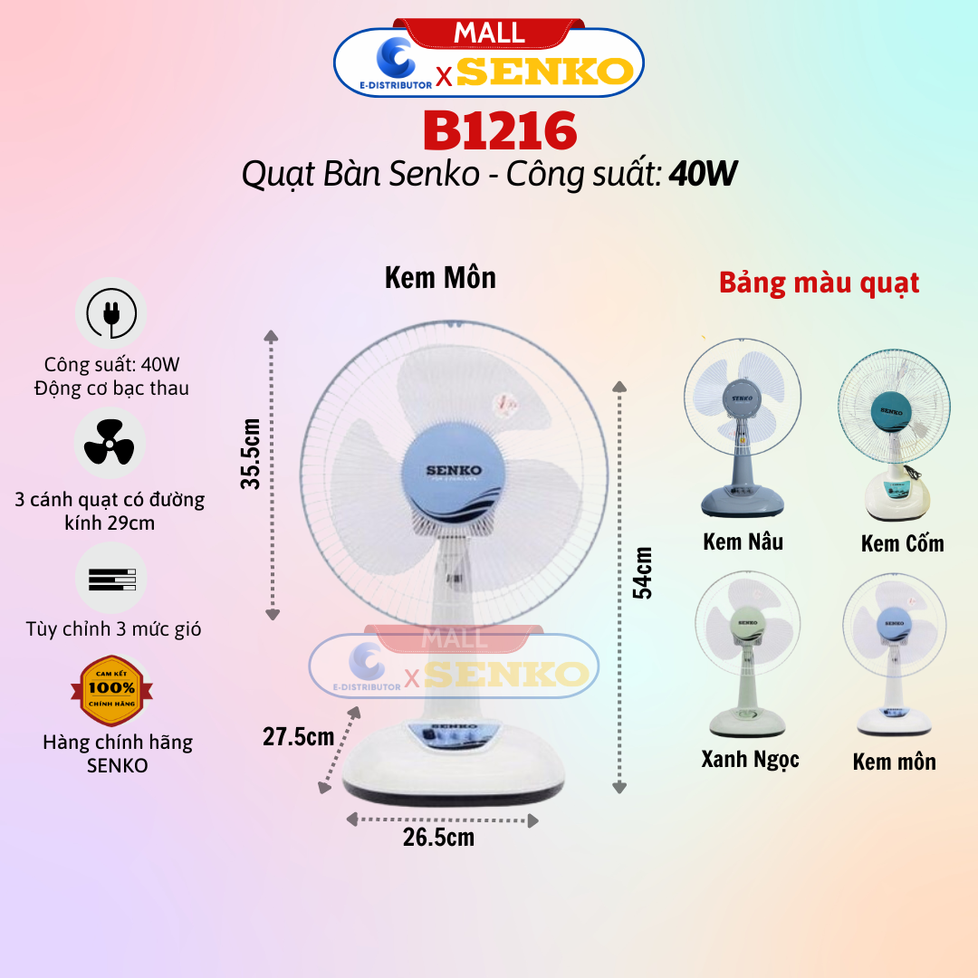 Quạt điện senko để bàn b3/b4 tiện lợi cao cấp b1216 - b1213 - b1210 - b1616 - b1612 - hàng chính hãng - bảo hành 24 tháng