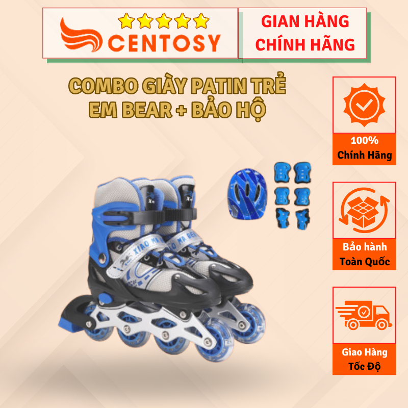 Centosy - combo giày patin trẻ em bear + bảo hộ cao cấp, giày có bánh đèn, form chắc chắn