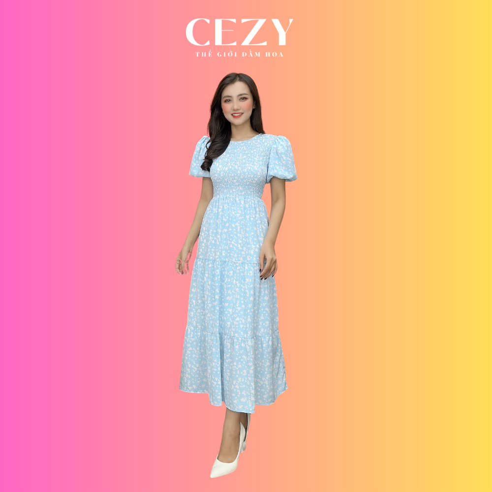 Đầm maxi tay phồng hoa nhí có bo chun có size bigsize CEZY D25