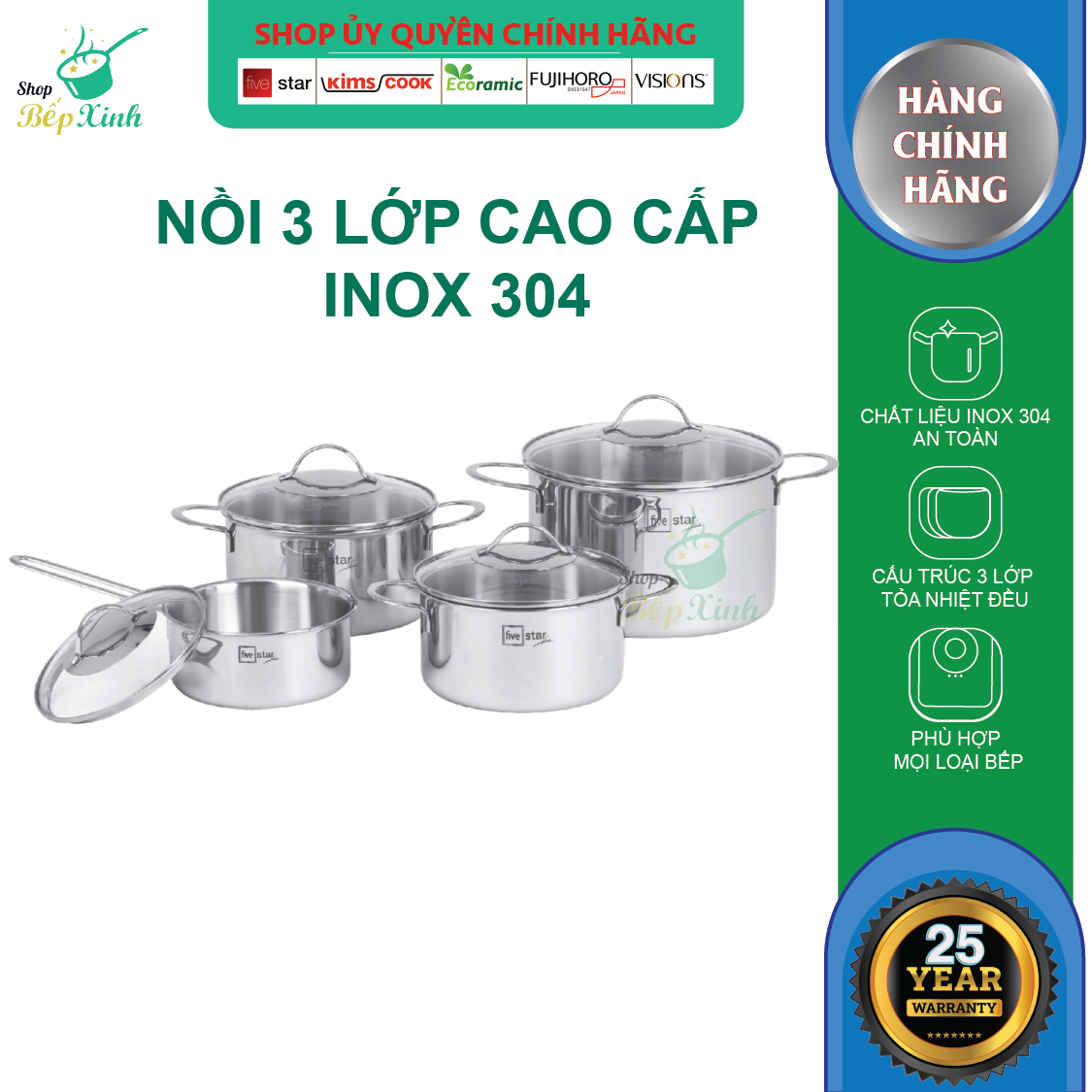 Bộ nồi inox Fivestar FPB4006 nắp kính 4 món ( 1 quánh & 3 nồi )- Được làm bằng inox 304 cao cấp 3 lớp đúc liền - Nồi dùng tốt trên cả bếp gas, bếp hồng ngoại và bếp từ - Hàng chính hãng - Shop Bếp Xinh