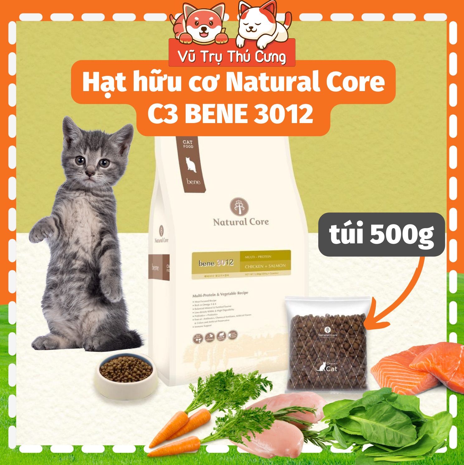Hạt hữu cơ cho mèo natural core c3 bene 500g từ thịt gà, cá hồi