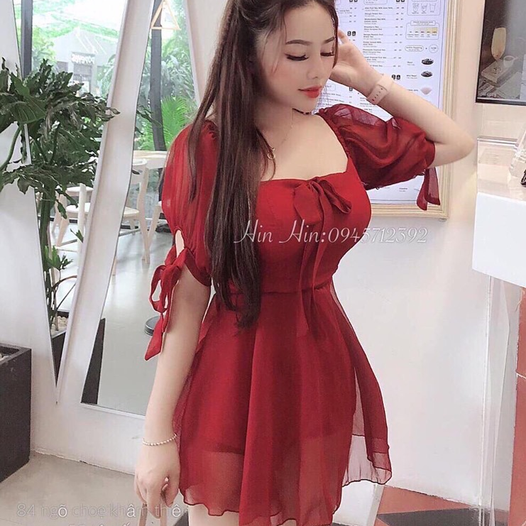 Đầm Xòa Voan Cổ Vuông Dễ Thương