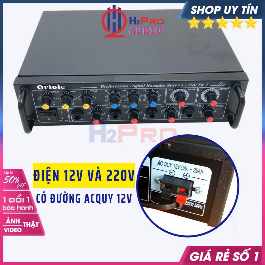Âm Ly Mini Oriole Pa7 Công Suất Lớn 250W Dùng Loa Phóng Thanh, 4 Sò Lớn, 4 Đường Mic, 12V-220V, Tặng Dây Av-H2Pro Audio