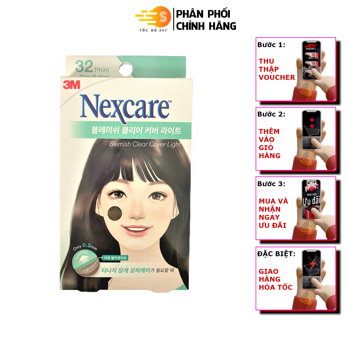 Hộp 32 miếng phim dán hút mụn, ngăn sẹo thâm trong suốt Nexcare 3M TM-32M - Tốc Độ 247, trong suốt, che mụn, số 1 Hàn Quốc