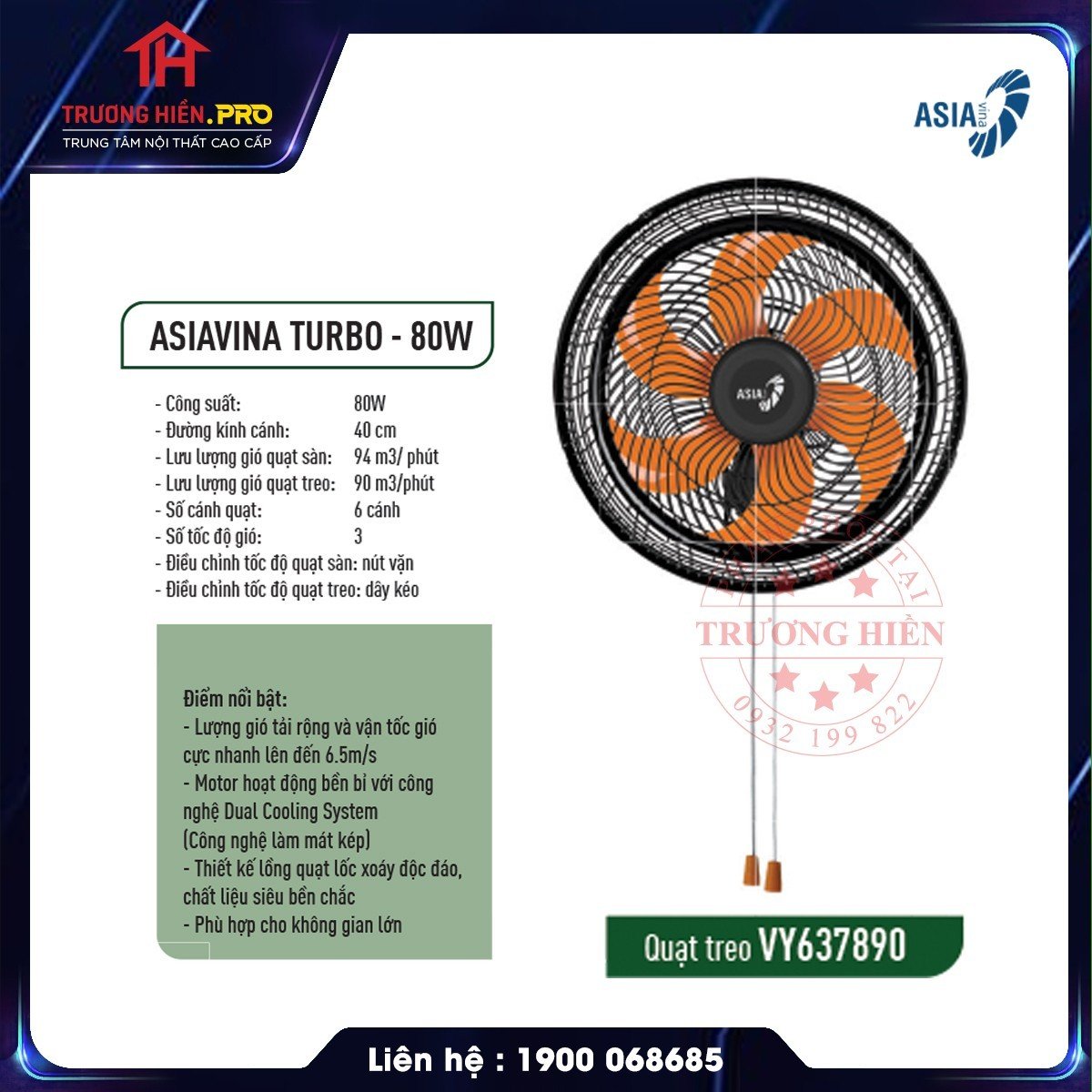 Quạt treo tường turbo one asia ltb 1601 - công suất 80w- hàng chính hãng giá rẻ - giao màu ngẫu nhiên - bảo hành 24 tháng