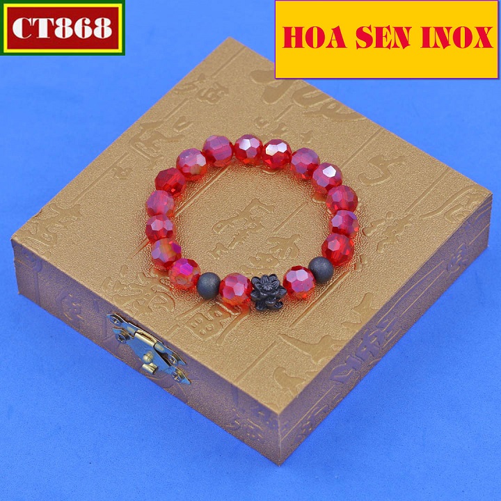 Vòng tay pha lê cắt giác đỏ 10 ly hoa sen đen phối 2 bi vcflgohsehbe10 kèm hộp gỗ