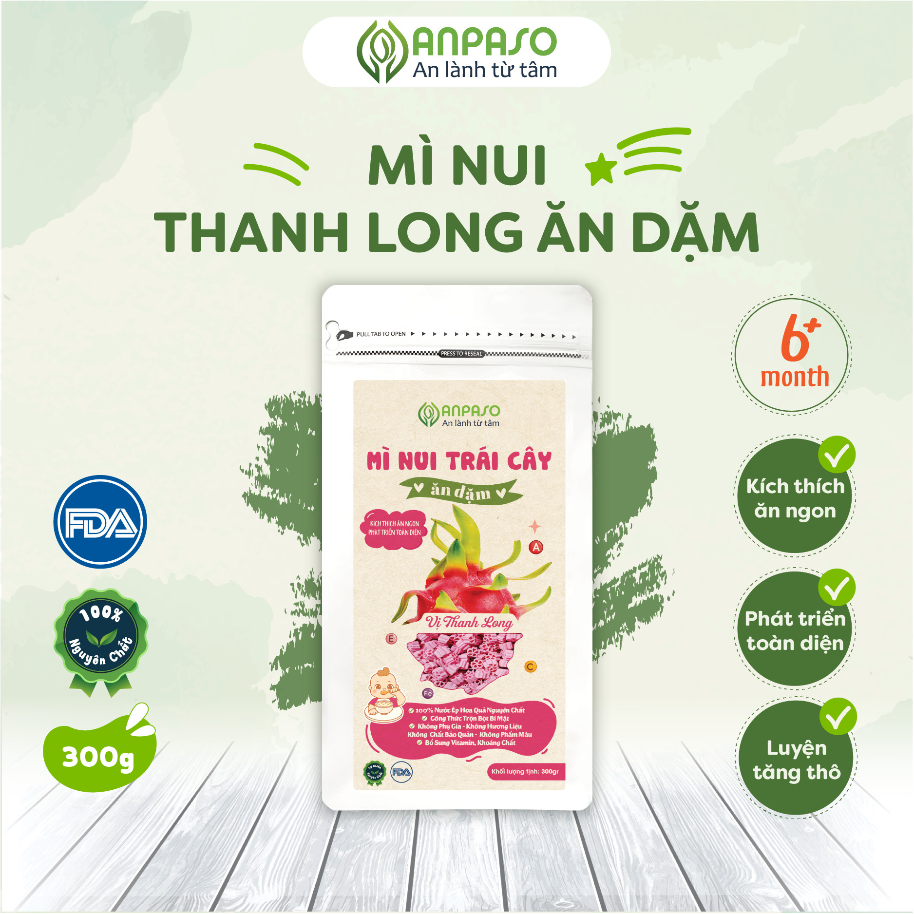 Mì nui ăn dặm ANPASO Organic, Vị Thanh Long ,cho bé từ 6 tháng tuổi