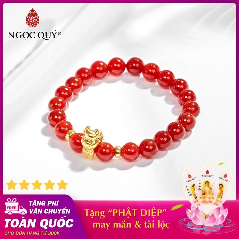 Vòng tay phong thủy đá mã não đỏ charm tuổi sửu bạc mạ vàng 24k 8mm mệnh hỏa , thổ - Ngọc Quý Gemstones