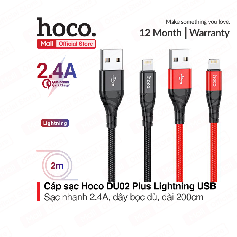 Cáp sạc nhanh Hoco DU02 Plus Lightning 2.4A sạc nhanh cho nhiều dòng iPhone/iPad dây bện dù chống đứt dài 2m