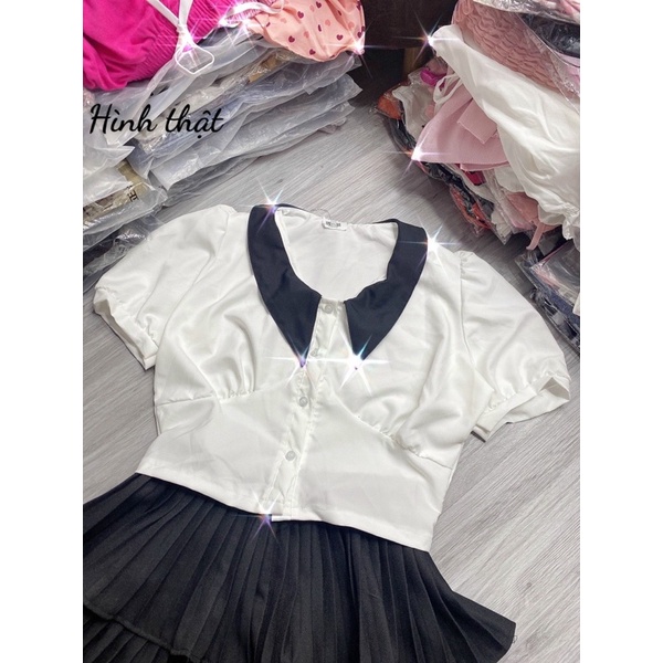 Áo sơmi croptop phối cổ