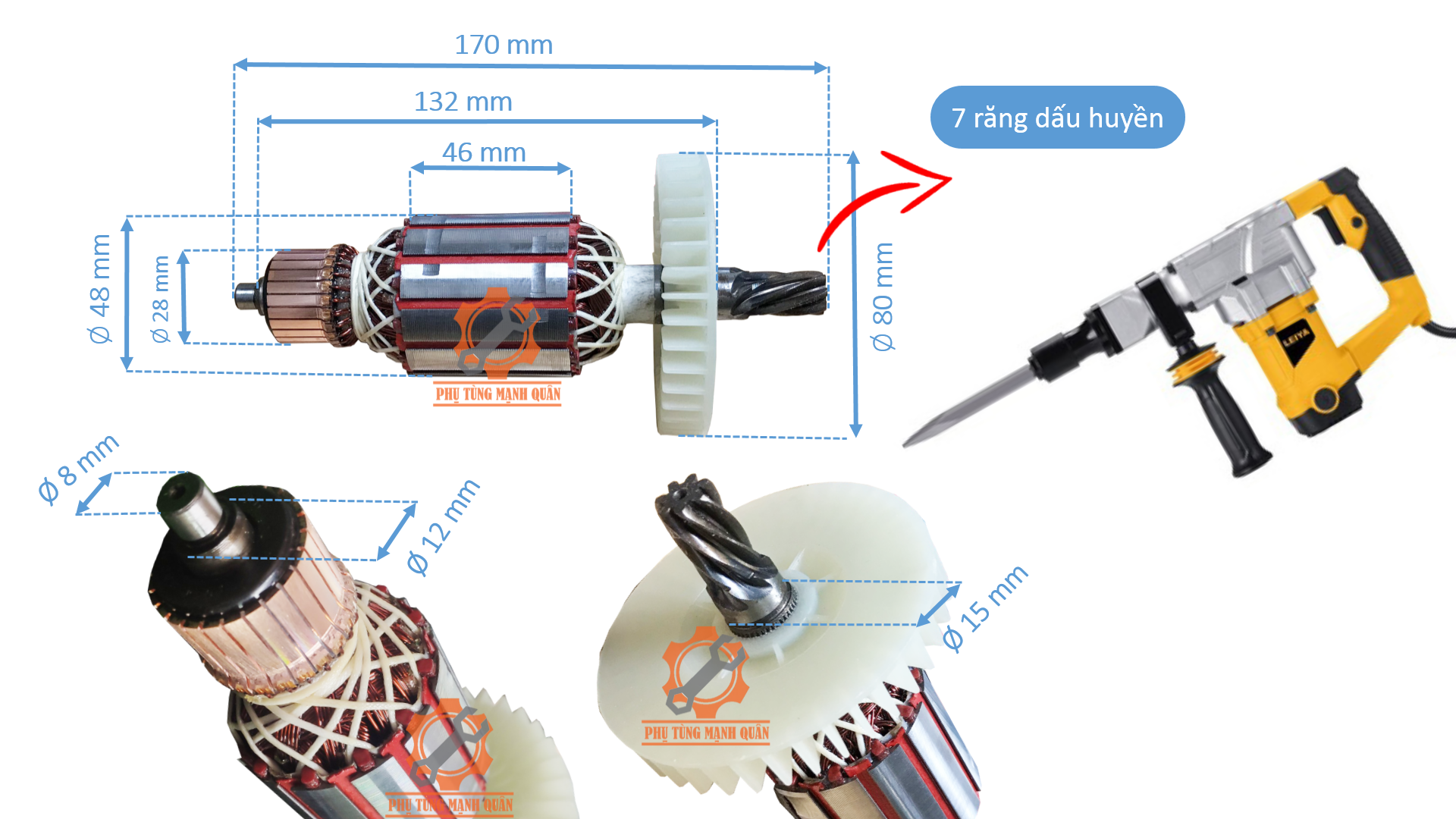 rotor/ruột máy đục DEKTON, LEIYA 7 răng tặng kèm chổi than cao cấp