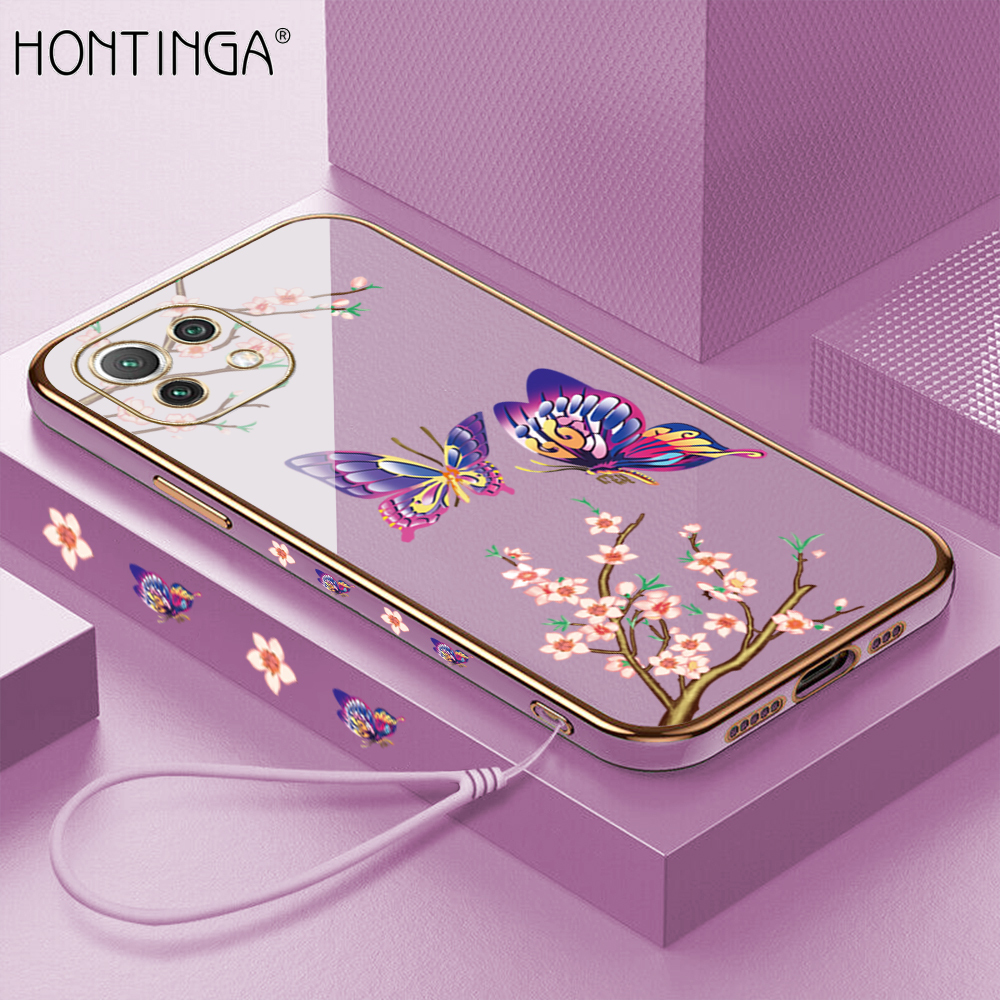 Hontinga Casing Case For Xiaomi MI 11 Lite 4G 5G 11 Lite 5G NE Case Colorful Butterfly Luxury Chrome Plated Soft TPU Square Phone Case Full Cover Camera Protection Anti Gores Rubber Cases For Girls
