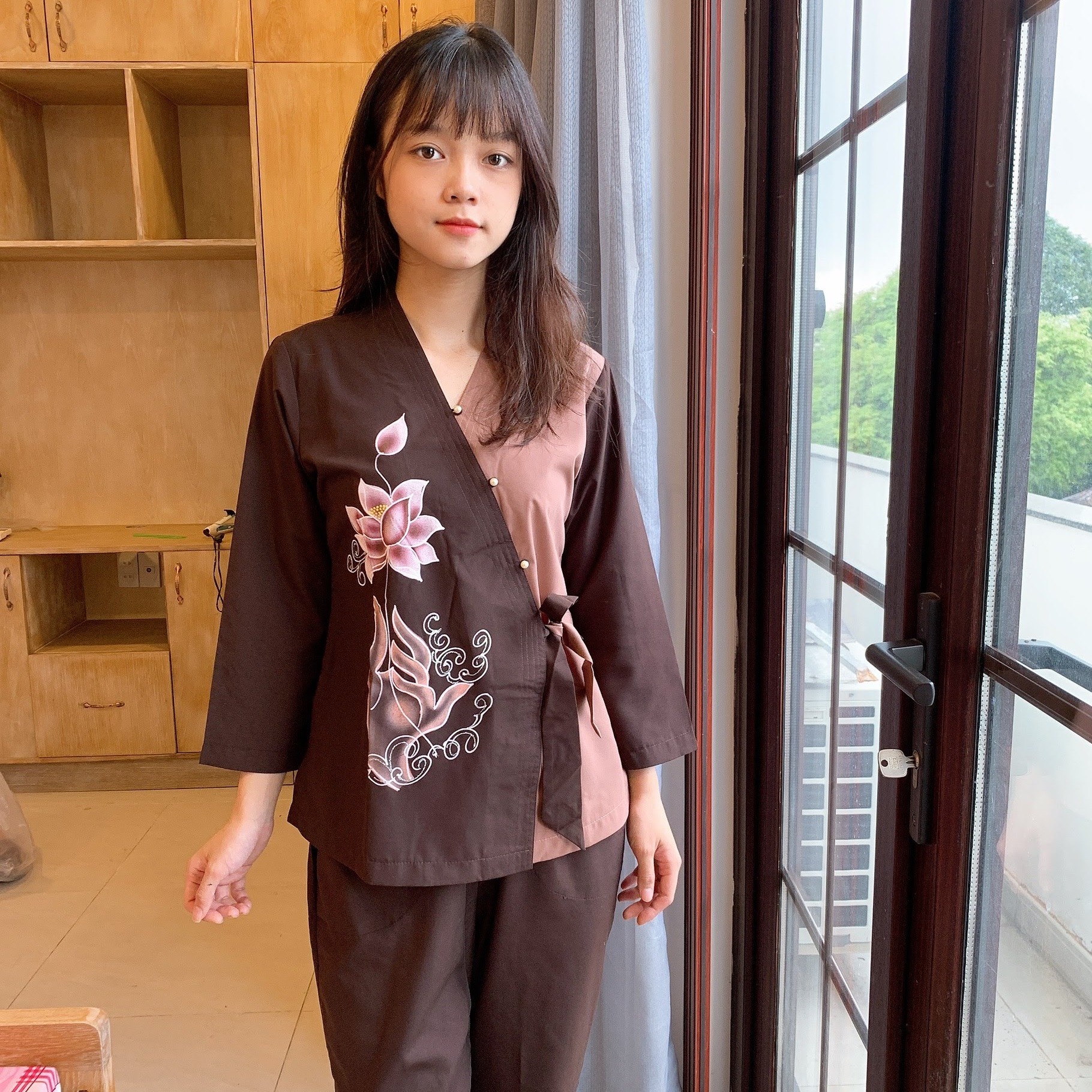 [HCM][Freeship] Đồ lam đi chùa nữ phối hoa sen vẽ