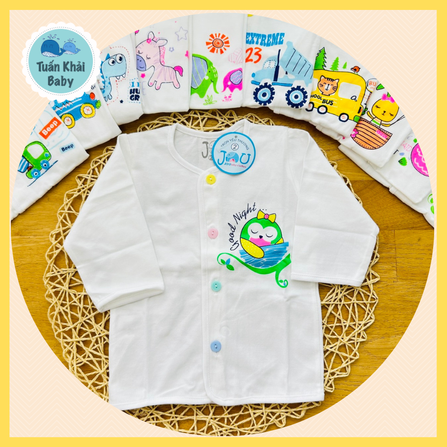 Túi 5 Áo sơ sinh cotton JOU | Mẫu Tay dài Cài nút giữa Trắng | Size 1 -4 cho bé sơ sinh - 11 kg| Chất vải thun cotton 100% xịn, đẹp, mềm, họa tiết xinh |Hàng Việt Nam | Quần sơ sinh | Áo sơ sinh | Đồ sơ sinh