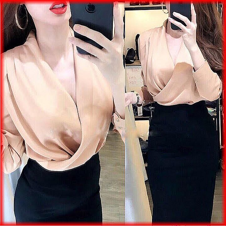 Áo sơ mi, áo kiểu nữ lụa satin cổ V rủ thời trang SHUNI001ASM