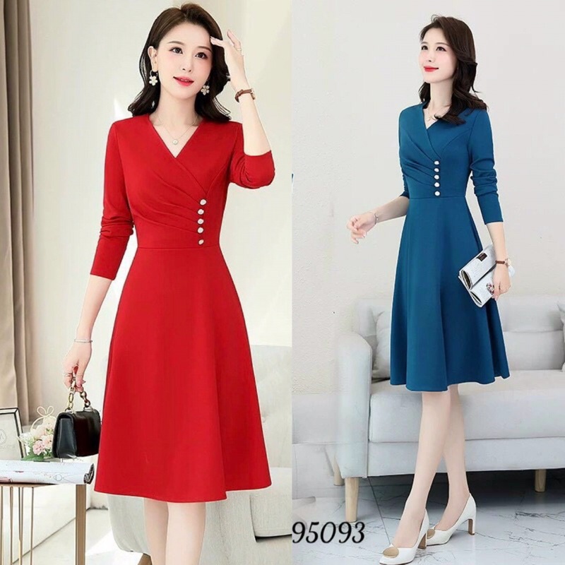 ĐẦM VÁY DỰ TIỆC ĐÍNH NÚT CỔ V EO XẾP LY ĐỦ SIZE