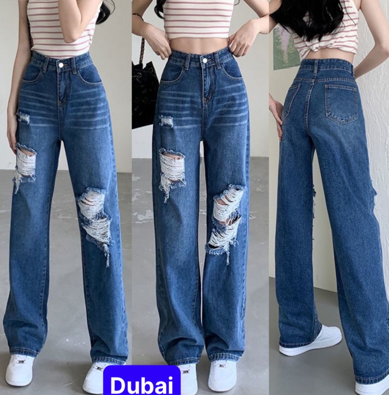 Quần jean ống suông rộng màu xanh đen rách cơ bản cạp lưng cao nâng mông phong cách hot trend 2023 - Dubai Fashion