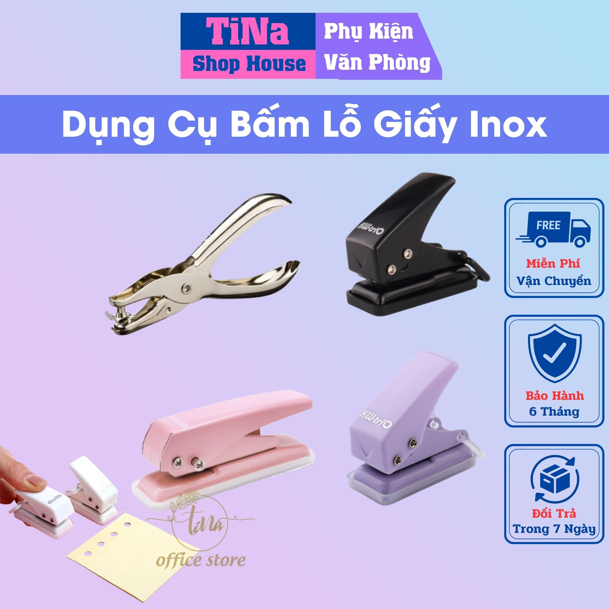 Dụng cụ bấm lỗ giấy inox thủ công bullet & journal dùng để bấm lỗ đục lỗ giấy làm sổ còng giấy refill flashcards