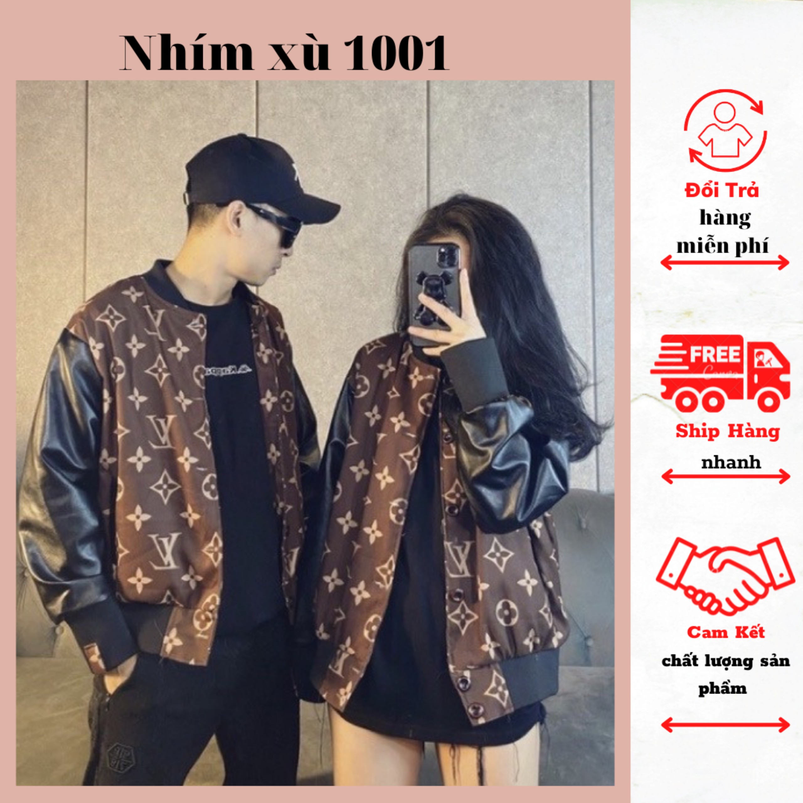 Áo khoác bomber nâu l.v hoa tay da sang chảnh bo gấu tay eo, Áo bomber Unisex cặp đôi, jaket, áo khoác bomber, jaket bomber, áo bomber unisex, bomber varsity, jaket nam