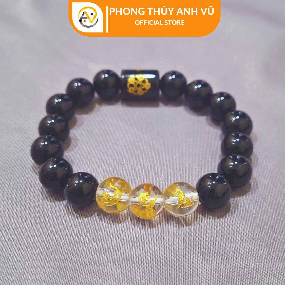 Vòng tay phong thủy mệnh mộc tam hợp dần ngọ tuất - chất liệu mã não đen tự nhiên - size 8 10 12ly cho người mệnh mộc, mệnh thủy - có khai quang điểm nhãn may mắn tài lộc - PHONG THỦY ANH VŨ