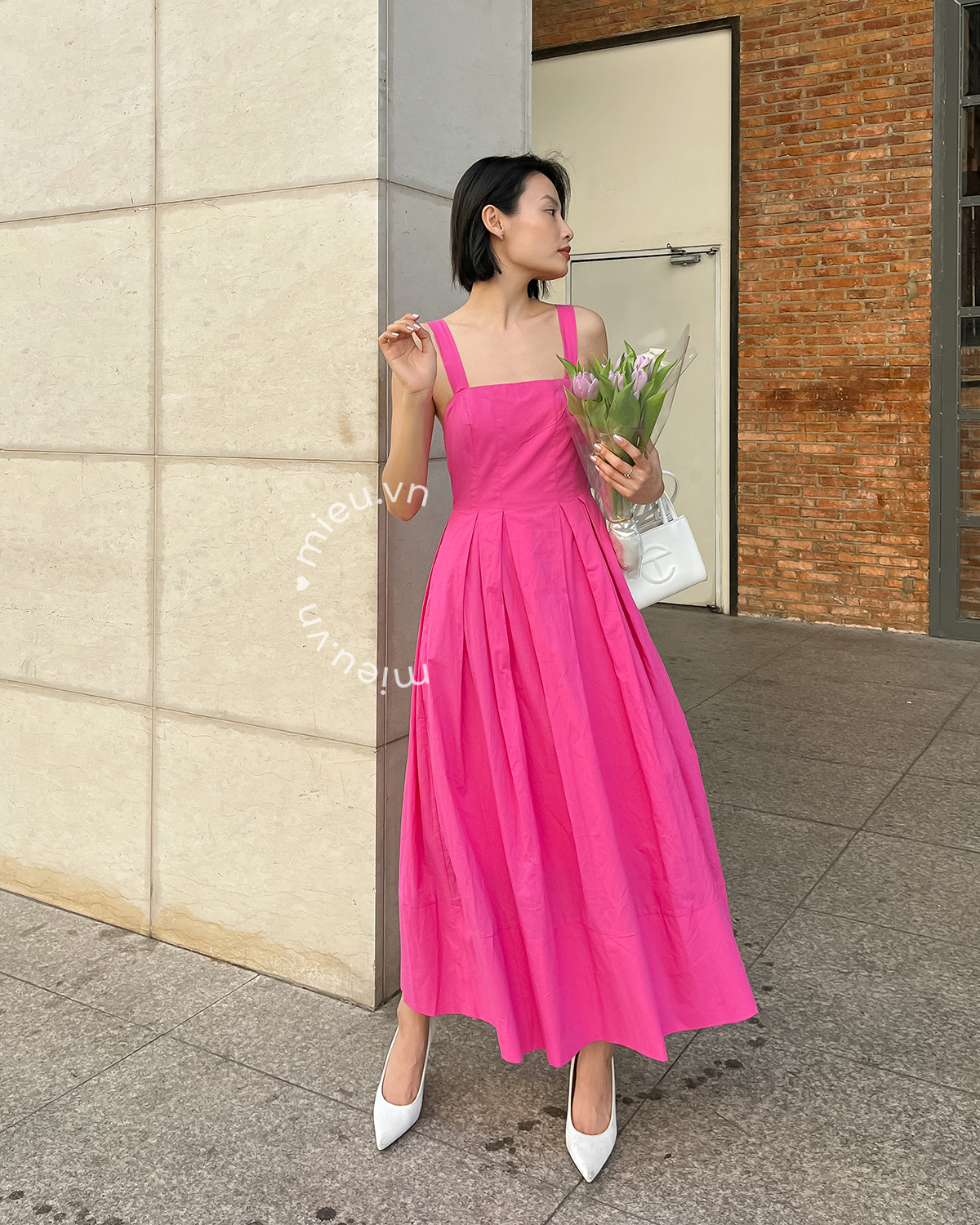 Đầm nữ 2 dây xếp ly eo bản lớn MIEU - KJ02