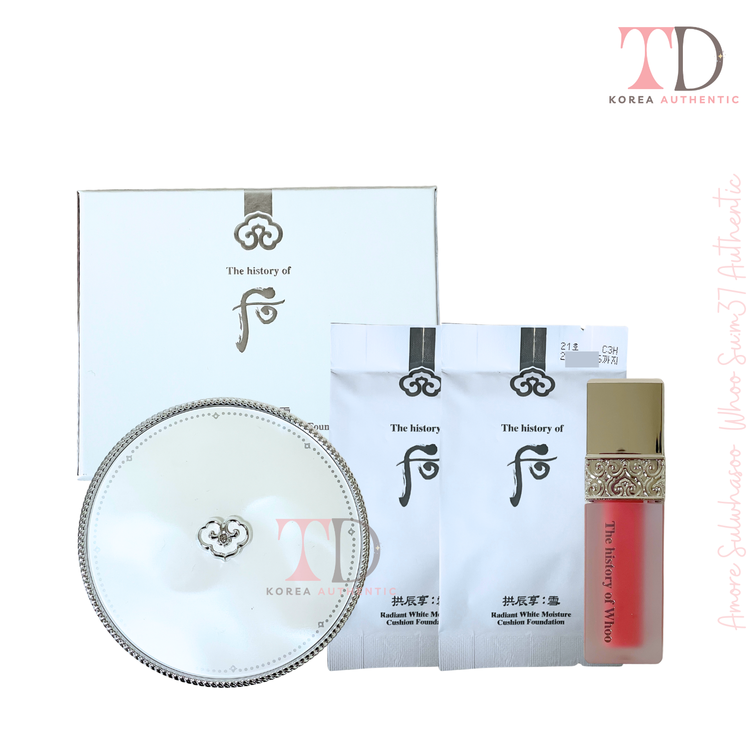 Whoo radiant white foundation Cushion set 1 hộp chính 2 lõi phu và 1 son kem lì mini 2g date 2027 tloskorea cũ