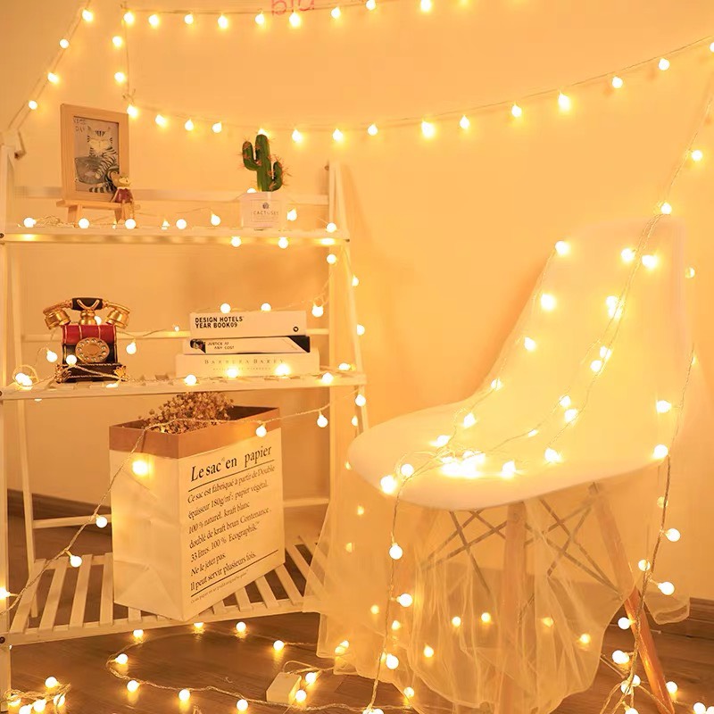 Dây đèn led trang trí cherry ball bóng tròn màu vàng nắng trang trí phòng ngủ quán cà phê lung linh