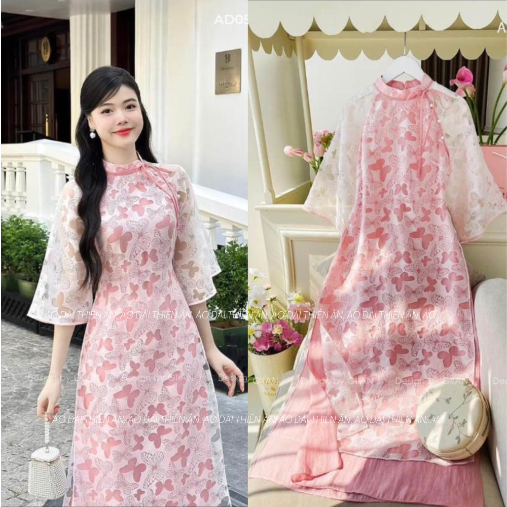 Áo dài cách tân 4 tà mẫu mới màu hồng tay loe cổ 2cm