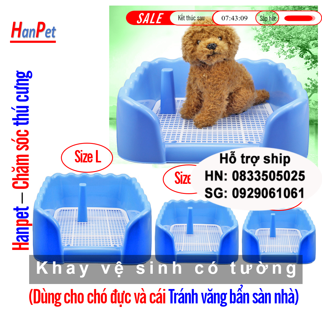 Hanpet - Khay vệ sinh dạng bức tường cho chó đực (3 size) bằng nhựa cao cấp, có lưới ( màu ngẫu nhiên) + Tặng 3 tấm tã lót chuồng, sàn xe- HP10347TC