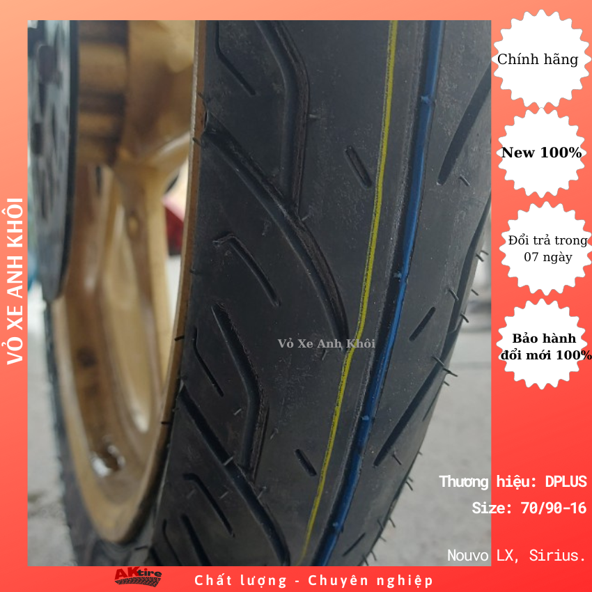 Lốp(vỏ) DPLUS 70/90-16 KHÔNG SĂM(RUỘT) dành cho Trước Nouvo, Sirius