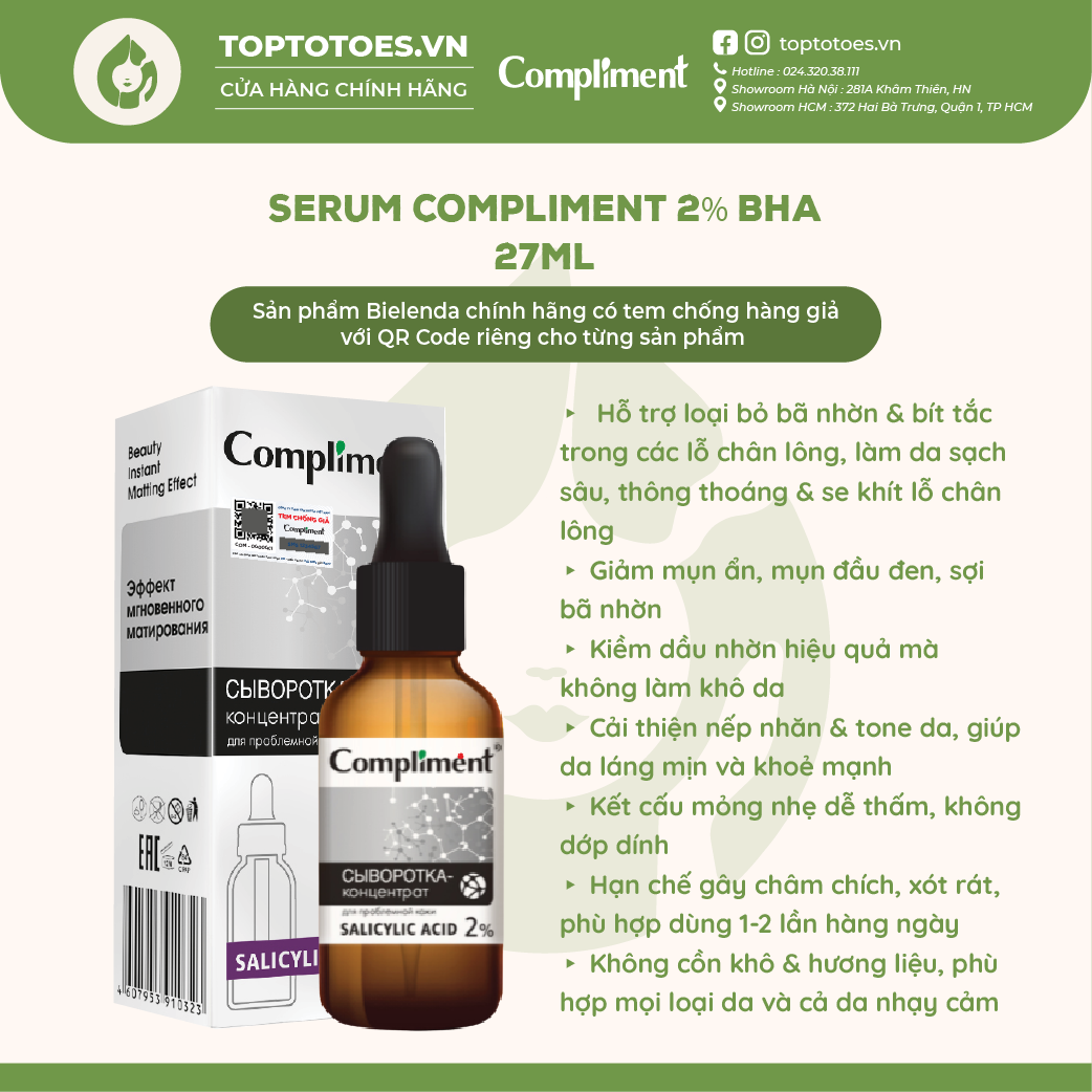 Serum Compliment 2% BHA làm sạch sâu giảm mụn se lỗ chân lông kiềm dầu
