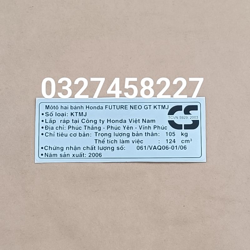 Tem thông số càng gấp, gắp future neo 2006 tem năm sản xuất