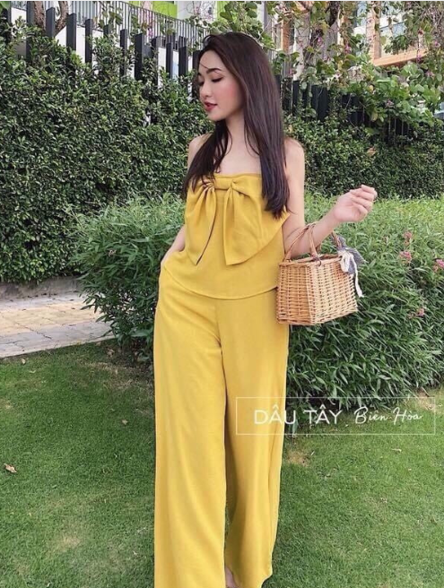 Set bộ nữ áo hai dây nơ ngực kèm quần dài ống rộng