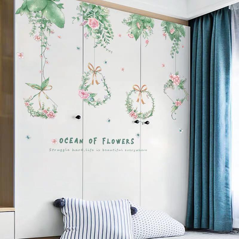 DECAL DÁN TƯỜNG LÁ GIỎ TREO HOA