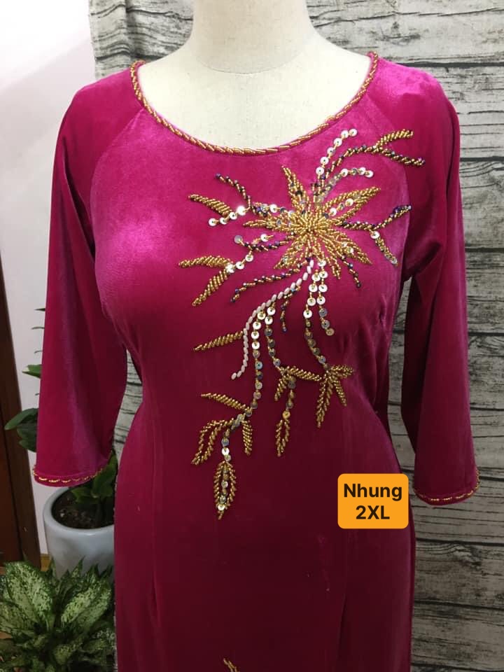 Áo dài may sẵn nhung đính kết cưc đep (bao chỉnh sửa cho vừa số đo)